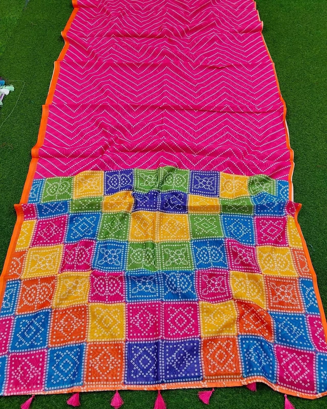 Multi-Color Chanderi Silk Bandhani Saree (Chunri Print).   Facebook  +1 Brand: Traditional Handloom / Boutique Product (comm