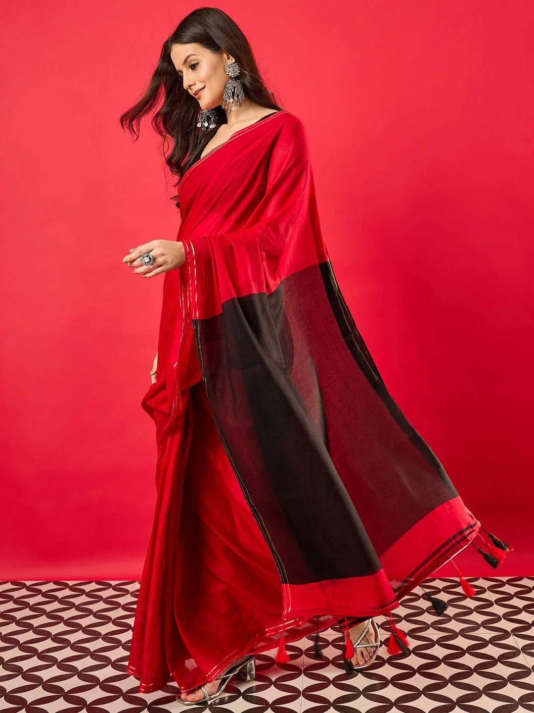 Vibrant Red & Black Color-Block Cotton Saree with Gold Piping & Tassels