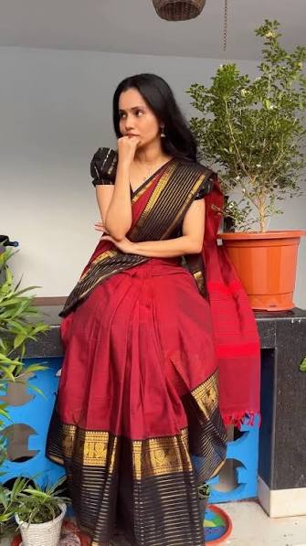 Deep Red Cotton Saree with Black & Golden Zari Woven Border