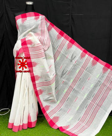 Off-White Cotton Saree with Crimson Red Temple Border & Striped Pallu