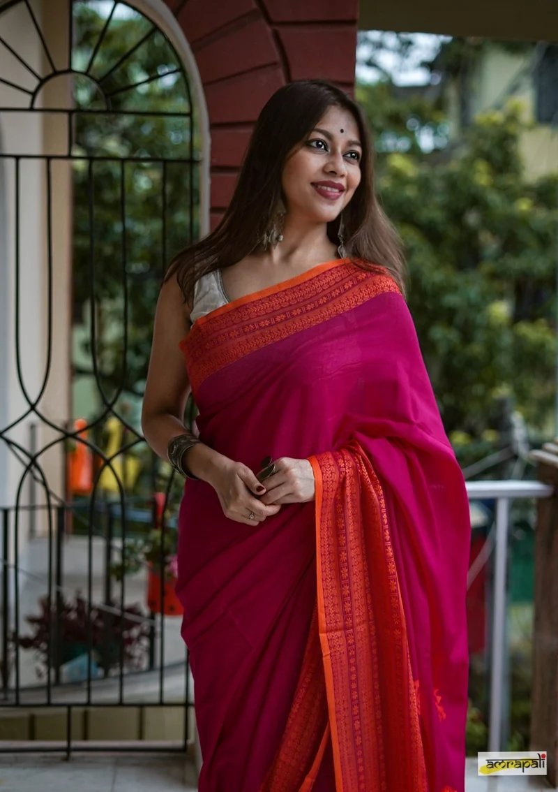 Magenta Pink Cotton Saree with Orange Woven Motif Border