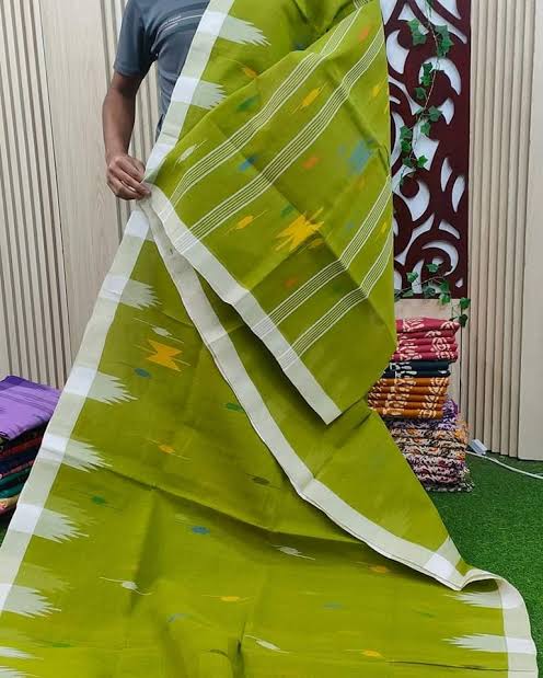 Olive Green Cotton Saree with White Temple Border & Geometric Motifs