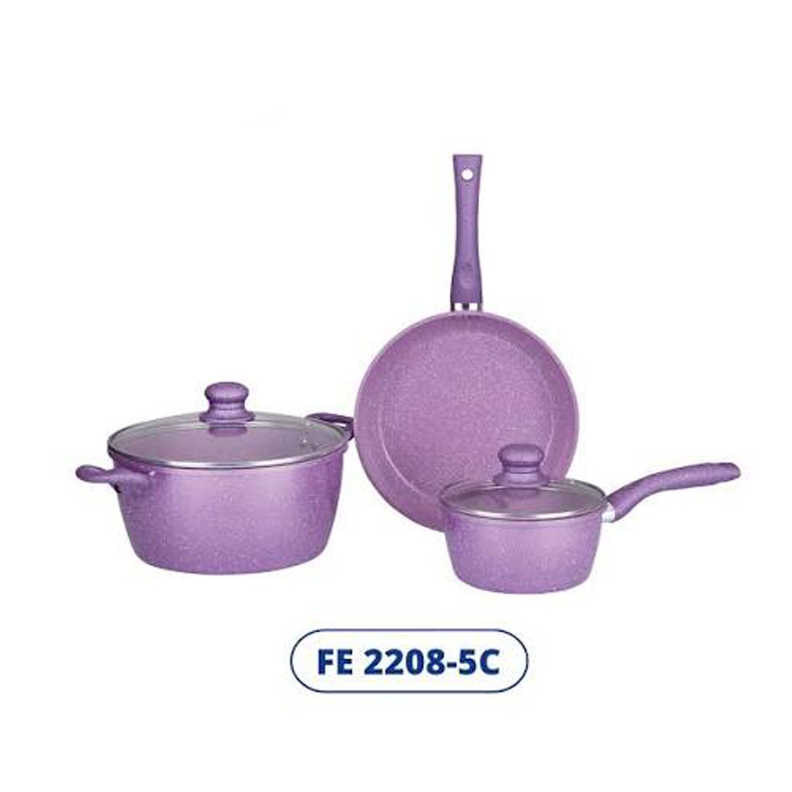 The Gazi Non-Stick Cookware Set (FE 2208-5C) is a multi-piece pressed aluminum cooking ensemble featuring a textured purple granite finish