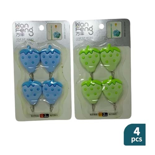 Wan Feng Strawberry Design Adhesive Wall Hooks – 4 Pcs Set (Assorted Colors)