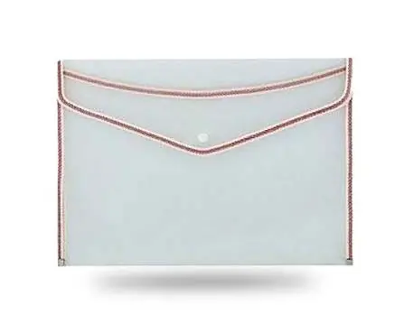 Clear Plastic Button Envelope Document File Folder Bag with Stitched Fabric Border