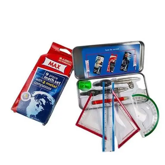 MAX 9-Piece Math Set with 2 Metal Compasses in Metal Tin Case