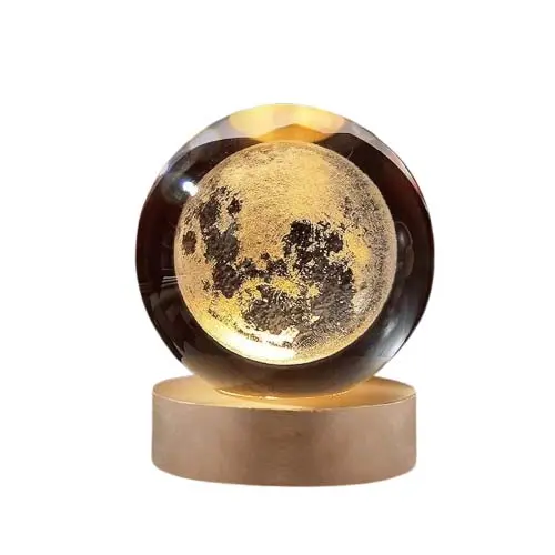 3D Crystal Moon Ball LED Night Light with Wooden Base