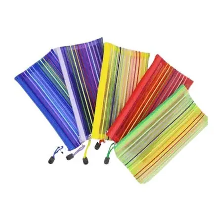 Colorful Striped Mesh Pencil Pouch – Transparent Zipper Stationery Bag