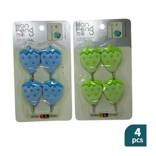 Wan Feng Strawberry Design Adhesive Wall Hooks – 4 Pcs Set (Assorted Colors)