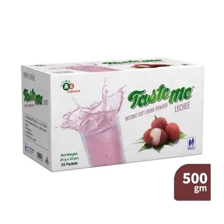 TasteMe Instant Soft Drink Powder – Lychee Flavor (500 gm Box / 20 Packets)